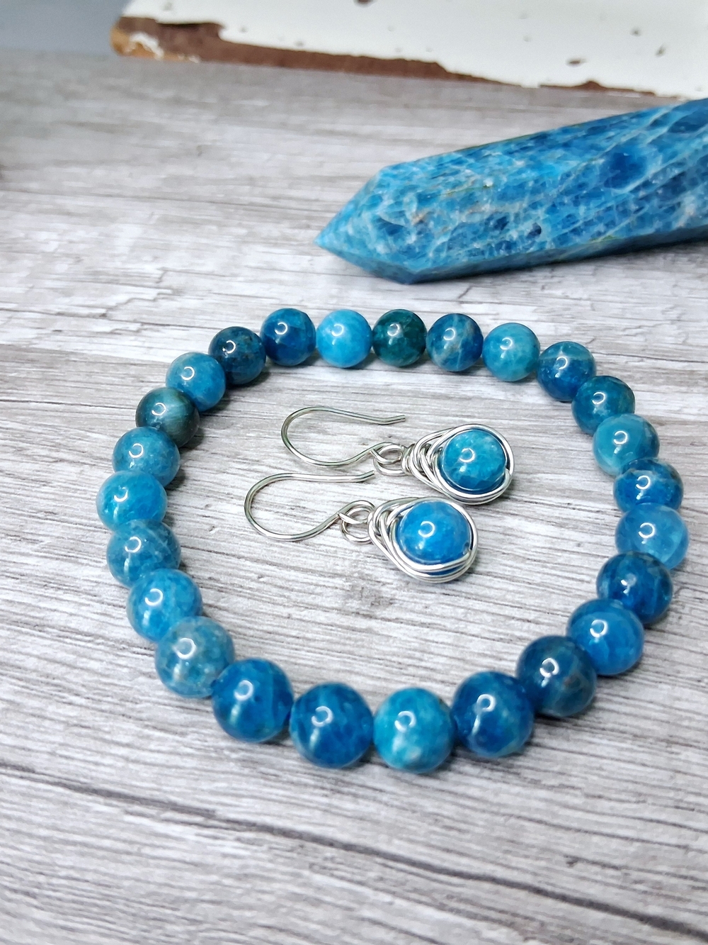 Blue Apatite 3 Piece Set, Crystal Tower, Earrings, Bracelet